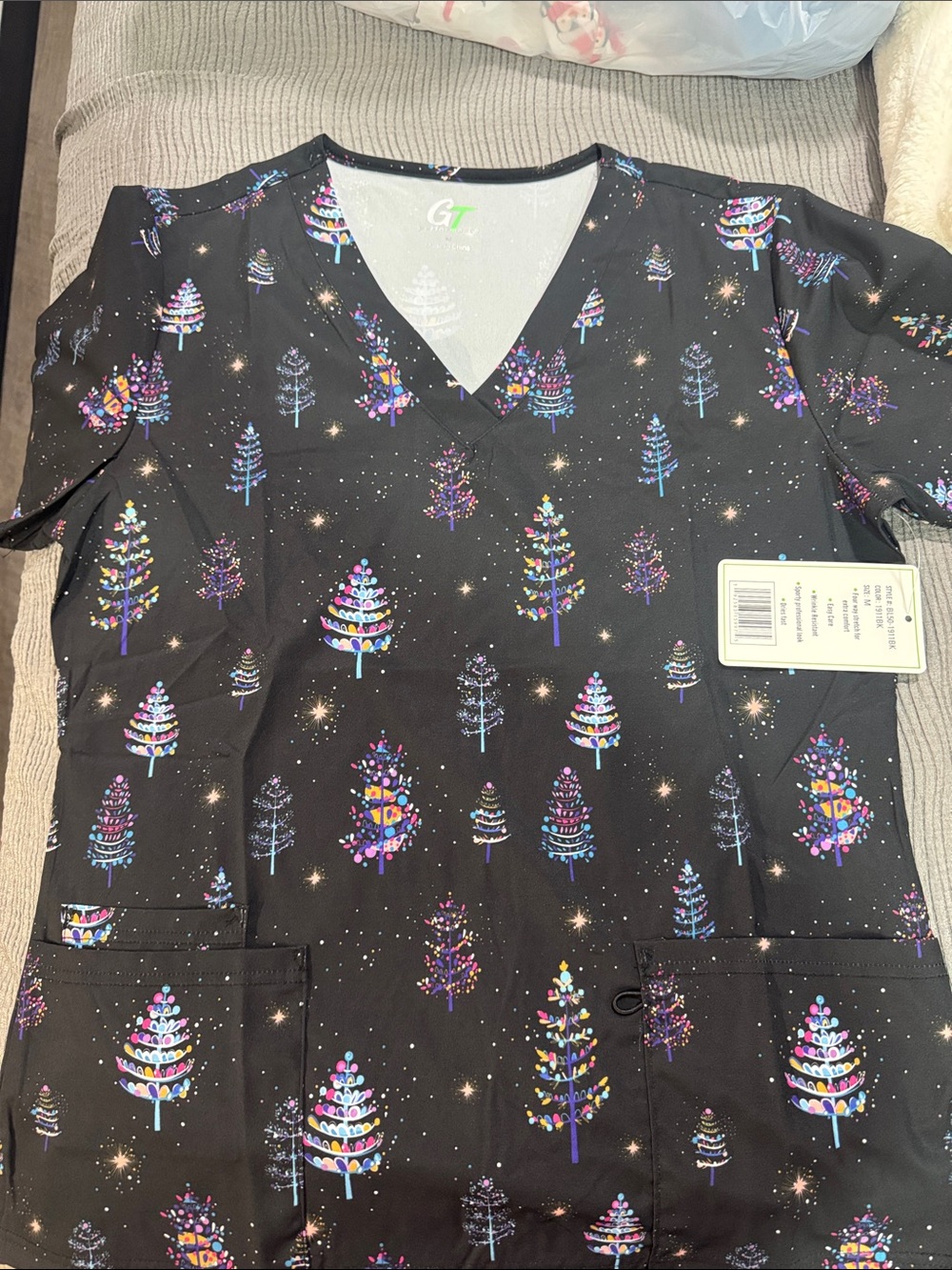 Black Holiday Tree Print Scrub Top